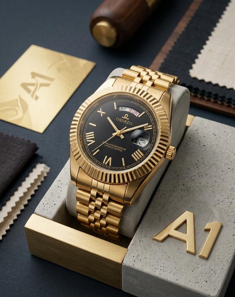 OSFIRZO A1 Luxury Gold Stainless Steel Watch β Black Dial Day & Date Edition