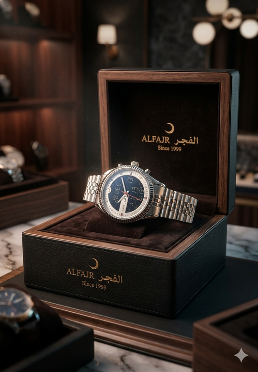 ALFAJR Men's Luxury Silver Islamic Watch - Cinematic Edition with Azan & Digital Calendar
