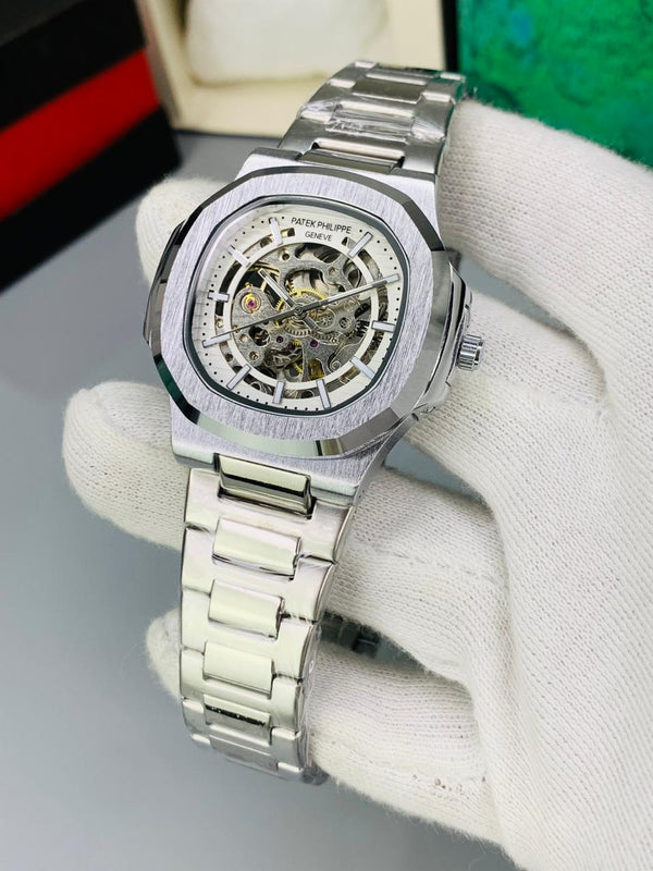 Luxury Skeleton Dial Stainless Steel Watch – Inspired by Patek Philippe Design