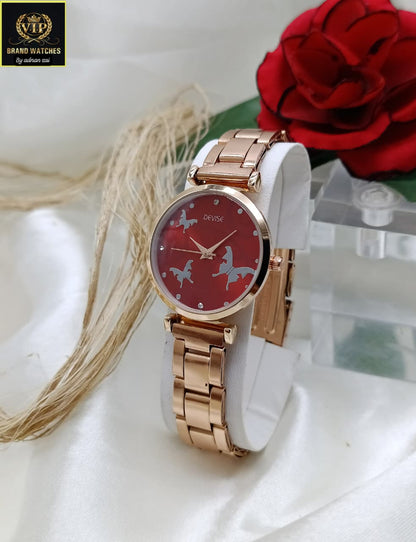 Elegant Rose Gold Bracelet Watch for Women – Red Dial Fashion Luxury Watch