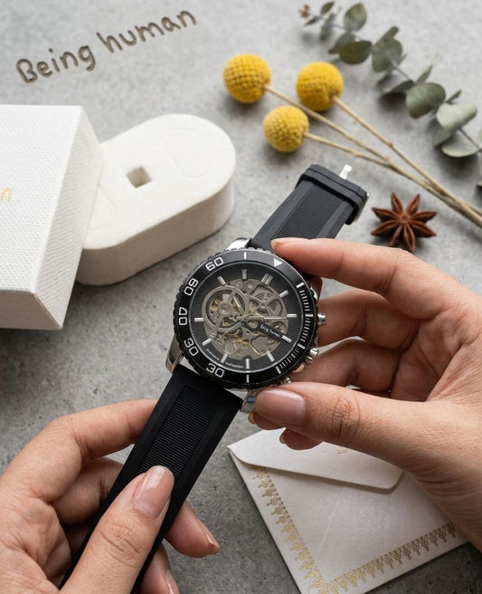 Being Human Skeleton Dial Sports Watch – Black Silicone Strap Luxury Watch for Men