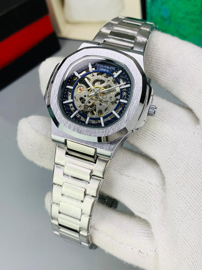 Luxury Skeleton Dial Stainless Steel Watch – Inspired by Patek Philippe Design