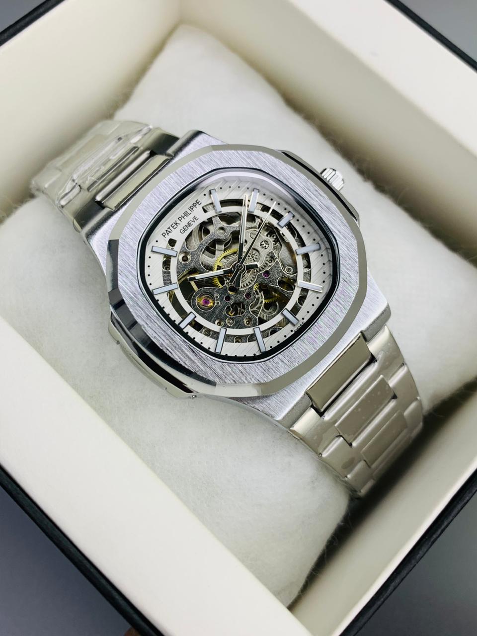 Luxury Skeleton Dial Stainless Steel Watch – Inspired by Patek Philippe Design