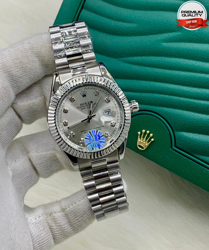 ZOLVEX Luxury Silver Dial Watch – Diamond Markers Stainless Steel Premium Watch